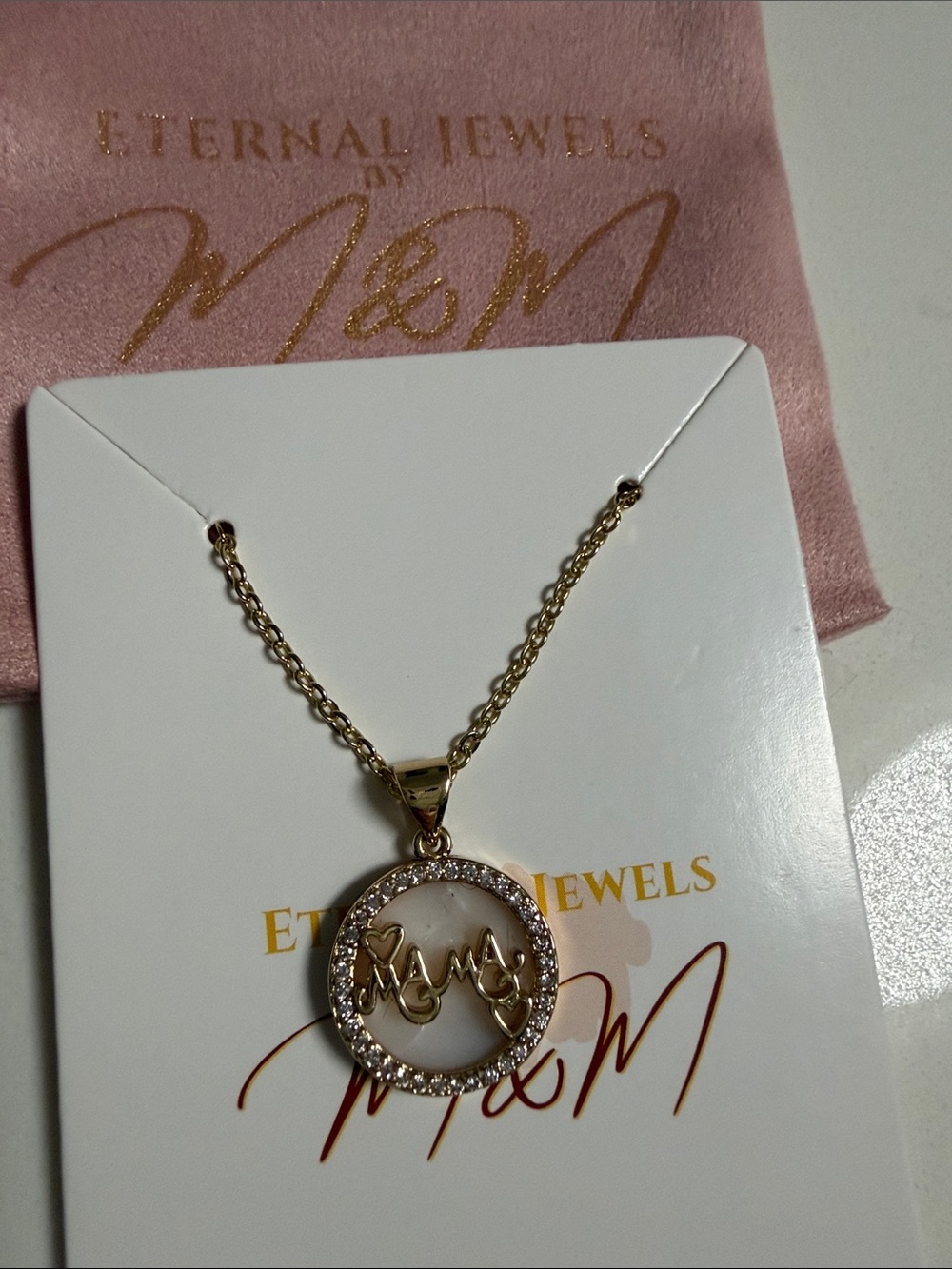 Gold 'Mom' Crystal Circle Pendant Necklace by